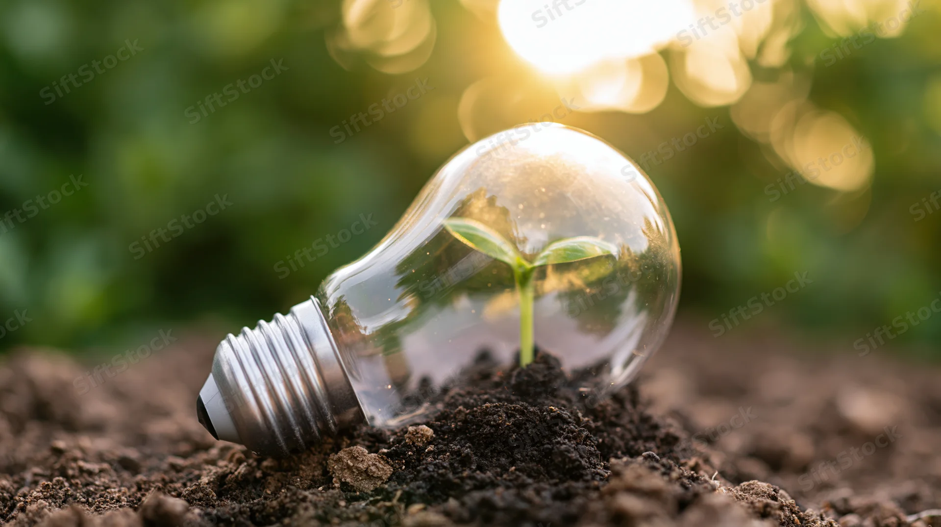 Lightbulb embedded in soil with a small green plant growing inside, outdoors in natural light