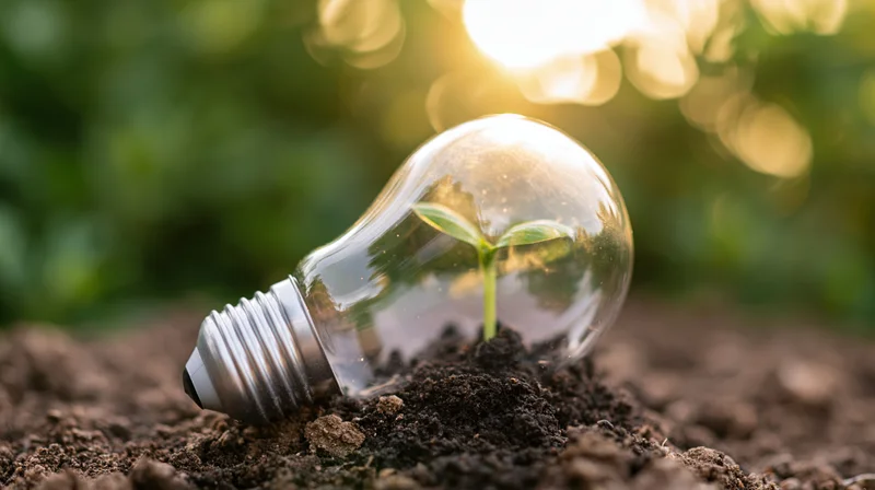 Lightbulb embedded in soil with a small green plant growing inside, outdoors in natural light