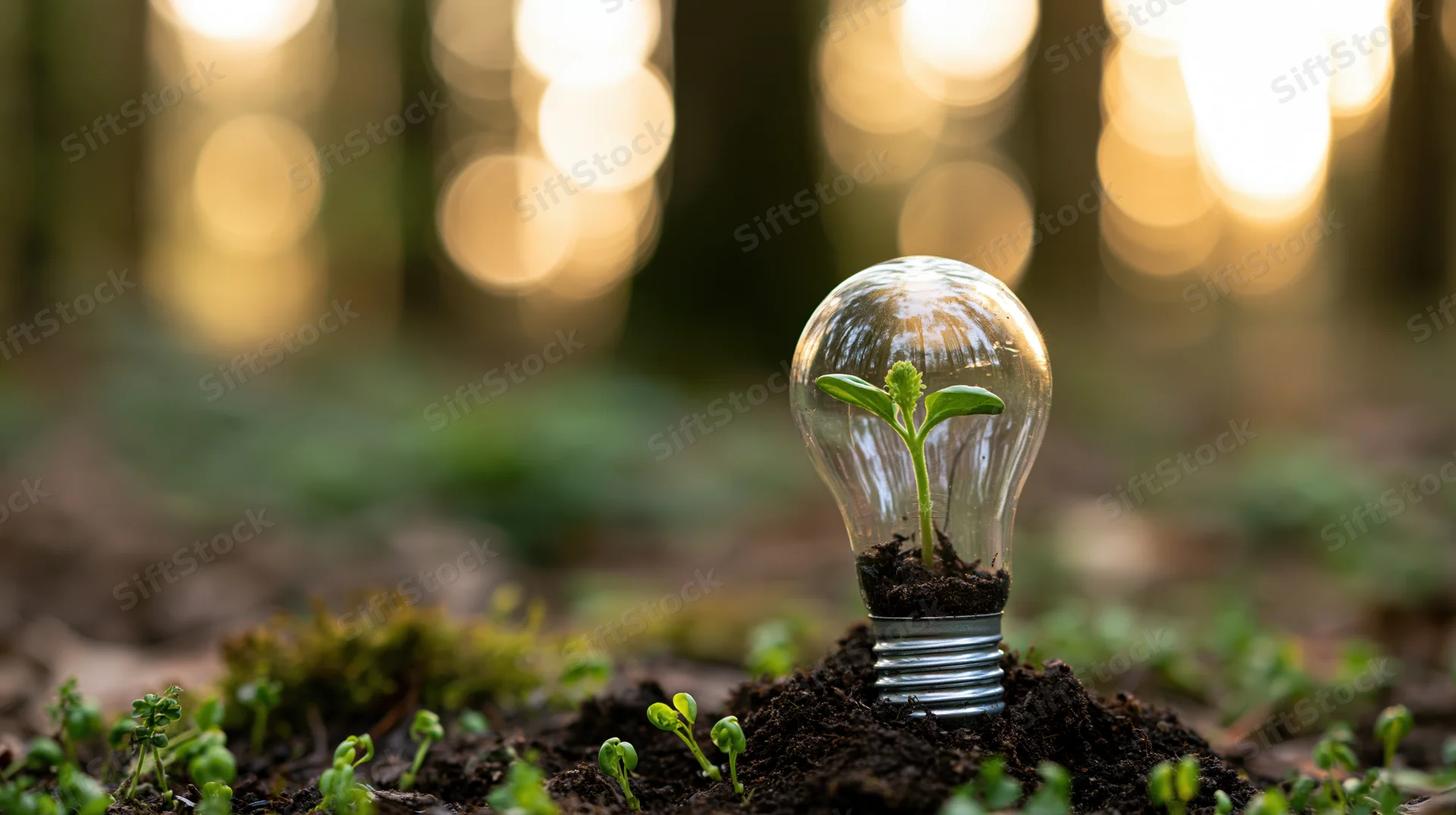 A lightbulb filled with soil and a growing plant sits in a forest floor surrounded by moss and small sprouts