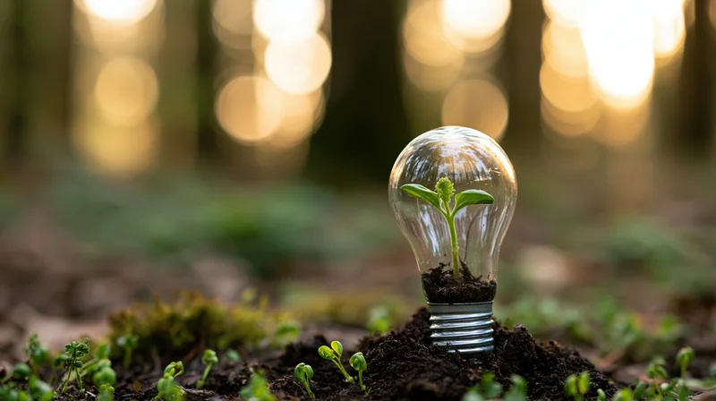 A lightbulb filled with soil and a growing plant sits in a forest floor surrounded by moss and small sprouts