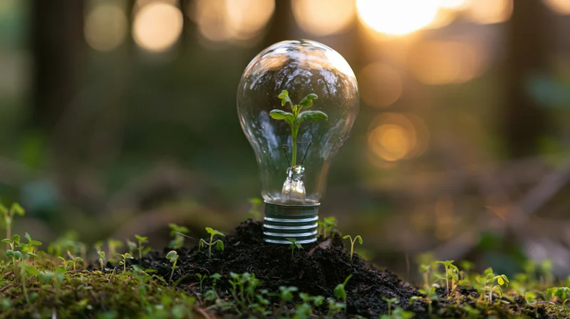 Lightbulb containing a growing plant placed in soil amidst moss and seedlings in a forest at sunset