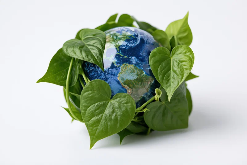 Globe of earth showing the americas surrounded by green heart-shaped leaves on white background