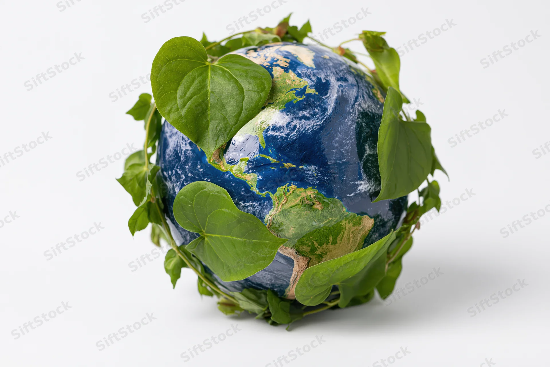 Globe of earth wrapped in green leaves on white background