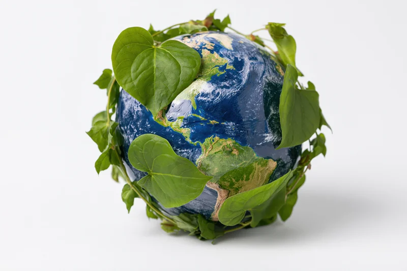 Globe of earth wrapped in green leaves on white background