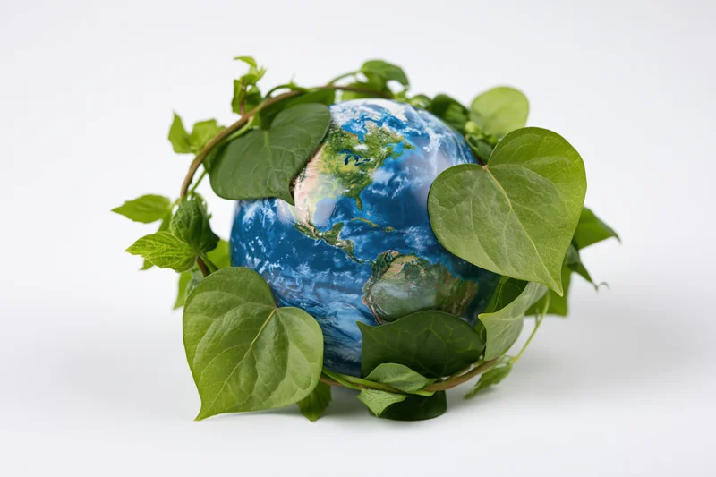 Globe of earth showing the americas surrounded by green leaves on white background