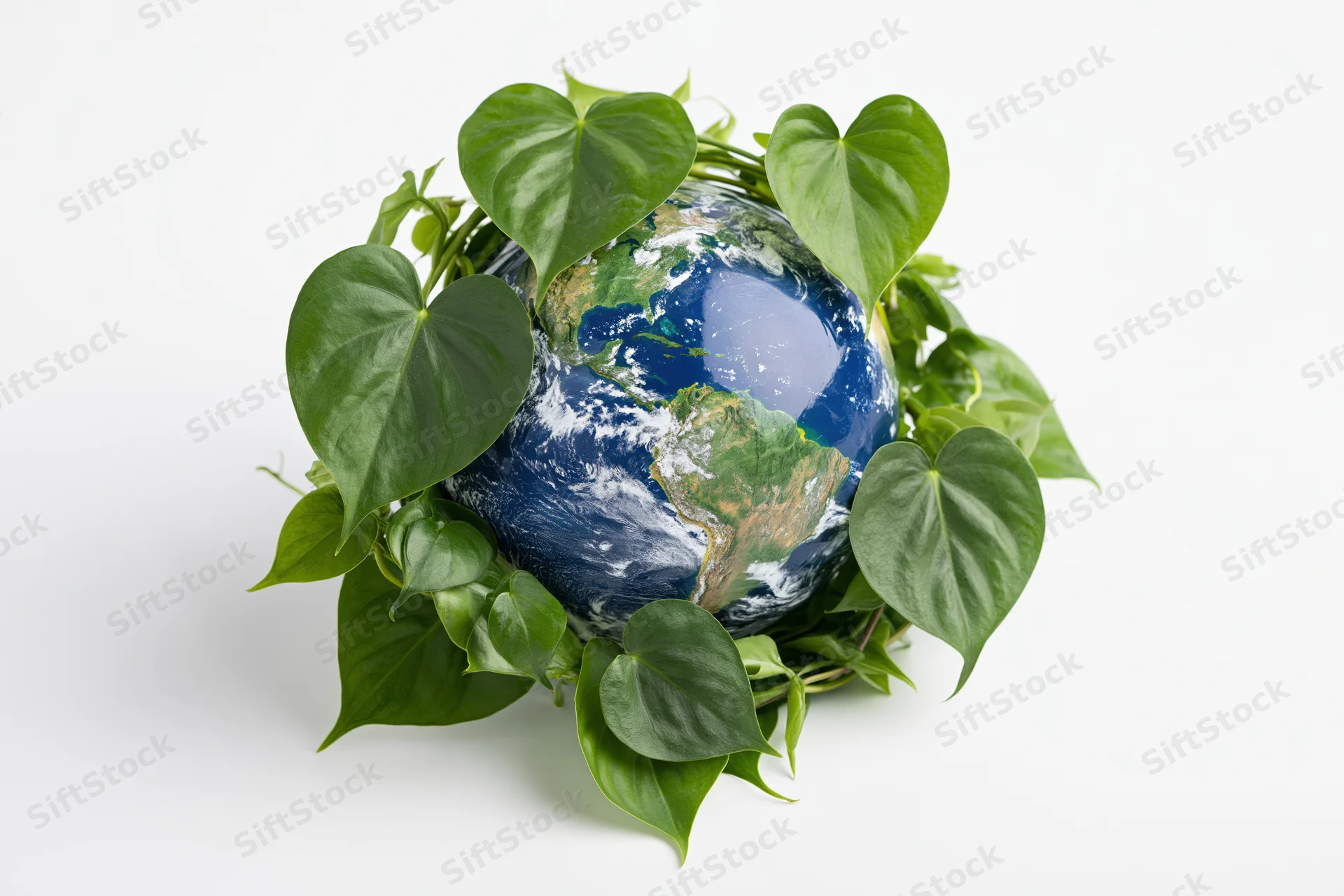 Globe of earth showing the americas surrounded by green heart-shaped leaves on white background