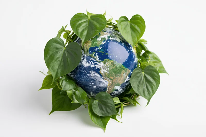 Globe of earth showing the americas surrounded by green heart-shaped leaves on white background