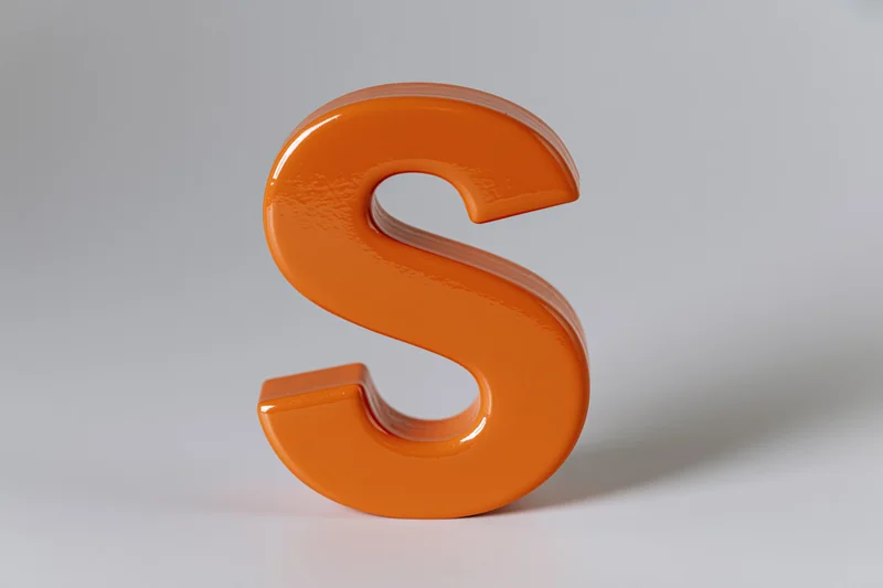 Glossy orange three-dimensional letter s standing upright on white background