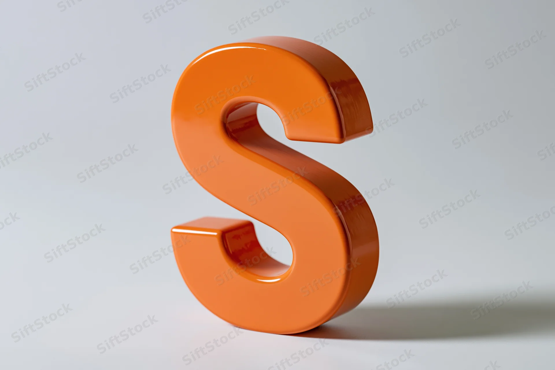 Glossy orange three-dimensional letter s standing upright on white surface