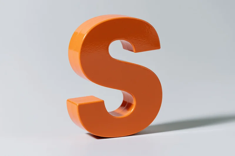 Glossy orange three-dimensional letter s standing upright on white surface