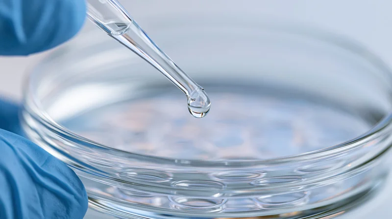 Gloved hand using glass pipette to dispense liquid into petri dish in laboratory setting
