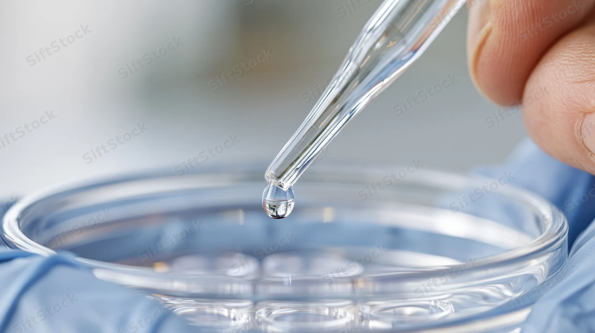 Hand holding glass pipette dispensing clear liquid into petri dish in laboratory setting