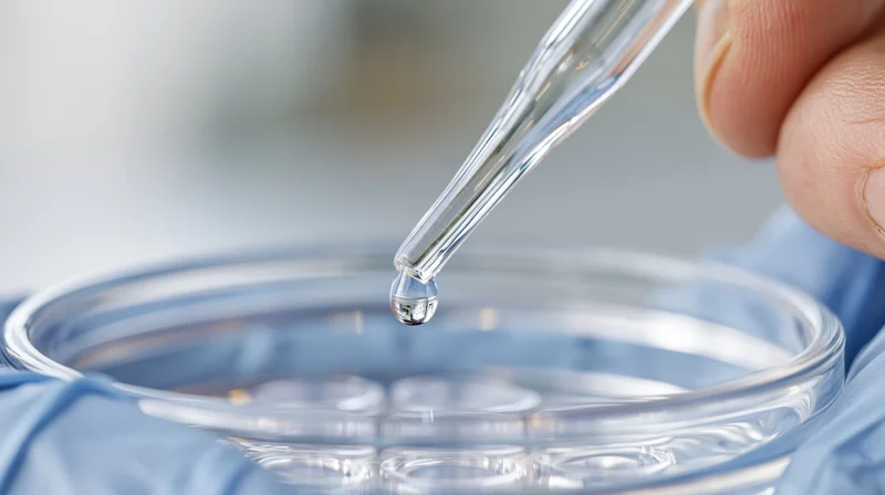Hand holding glass pipette dispensing clear liquid into petri dish in laboratory setting