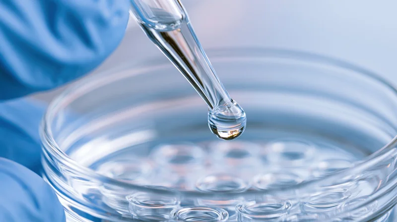 Gloved hand using glass pipette to dispense liquid into petri dish in laboratory setting