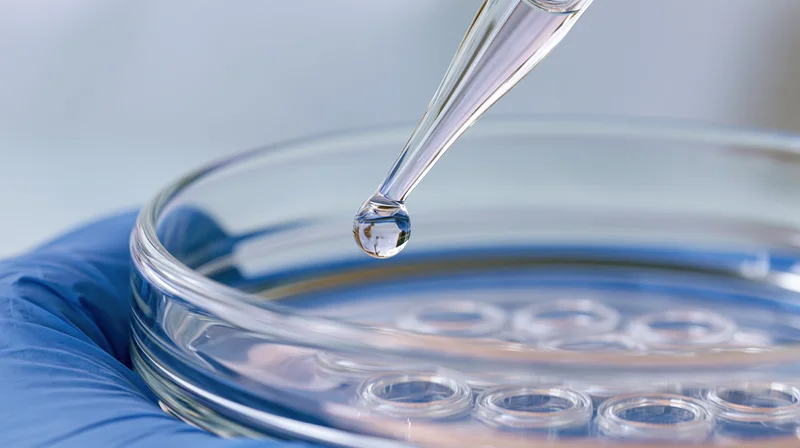 Glass pipette dispensing a drop of clear liquid into a petri dish held by a gloved hand in a laboratory setting
