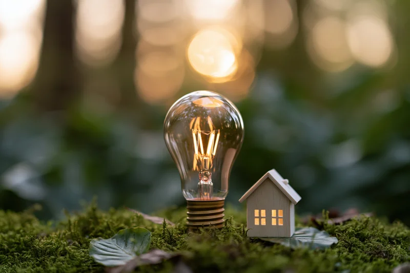Glowing incandescent lightbulb and miniature house on mossy forest ground
