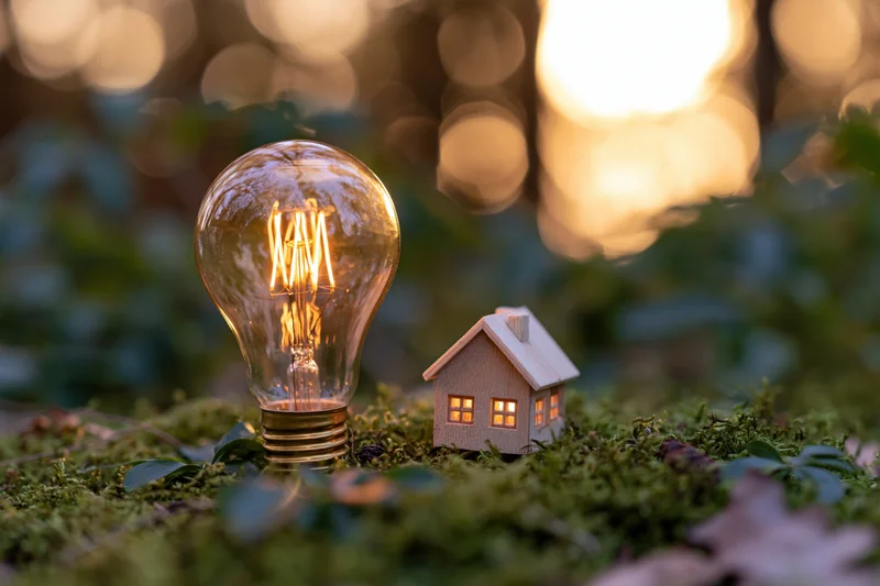 Glowing incandescent lightbulb beside miniature house on mossy ground with blurred forest background