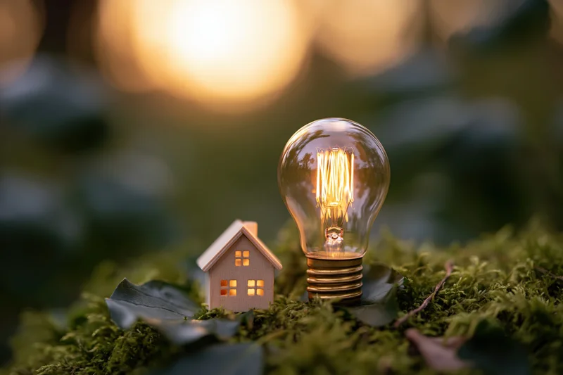 Glowing incandescent lightbulb and miniature house on mossy ground in forest at dusk