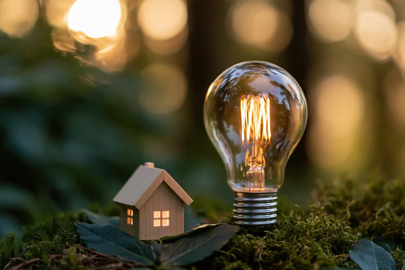 Glowing incandescent light bulb and miniature house on mossy forest ground