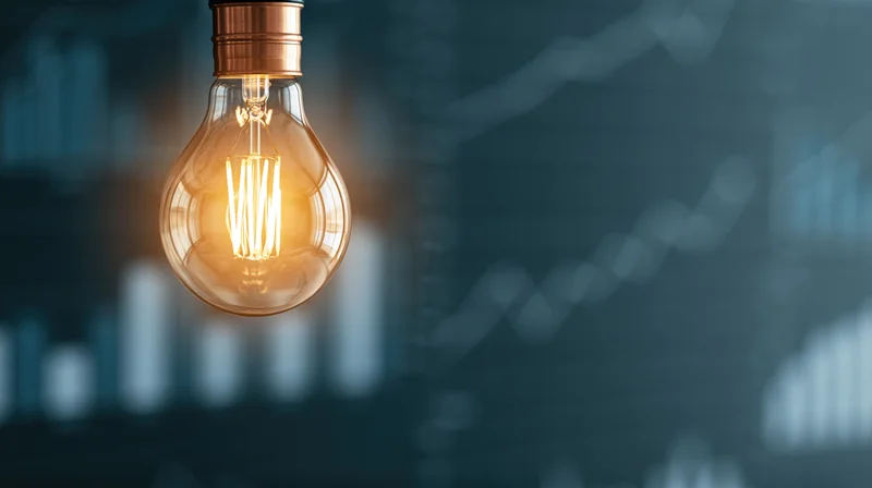 Glowing incandescent light bulb with visible filament against a dark background featuring blurred financial charts and graphs
