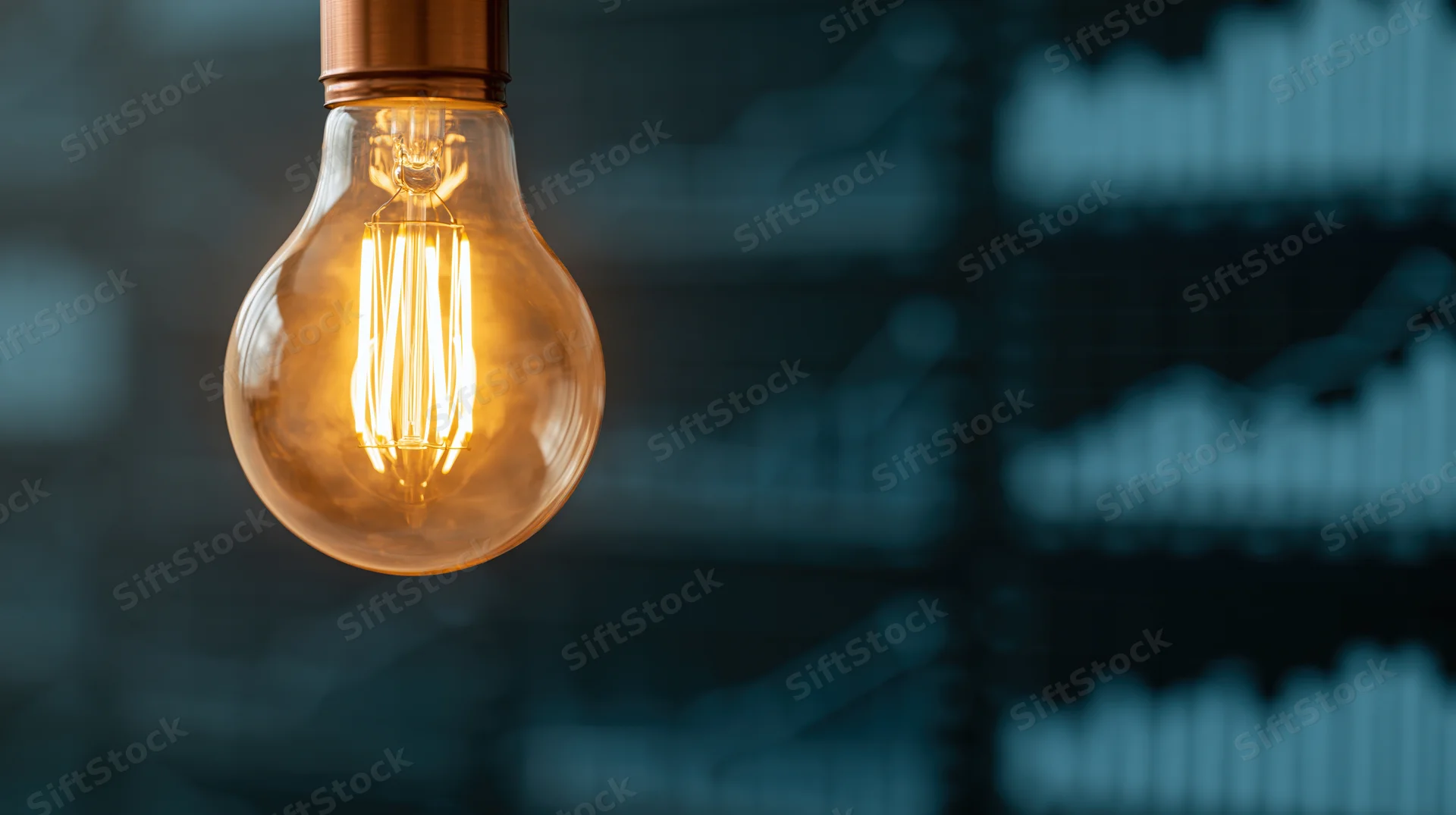 Glowing incandescent lightbulb with visible filament against a dark background featuring blurred financial charts