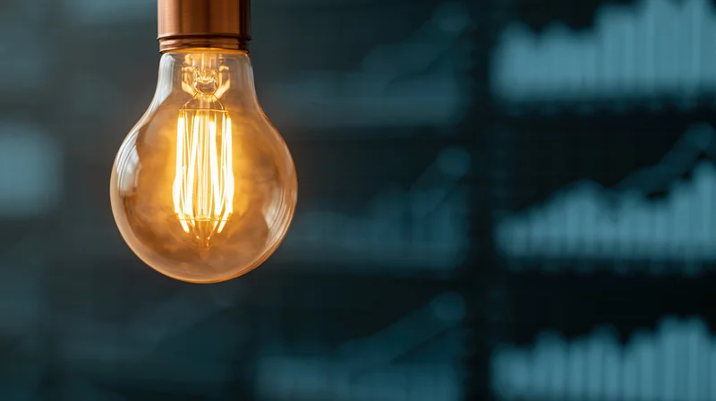 Glowing incandescent lightbulb with visible filament against a dark background featuring blurred financial charts