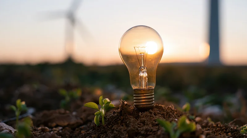 Glowing incandescent lightbulb planted in soil with seedlings and wind turbine in background at sunset