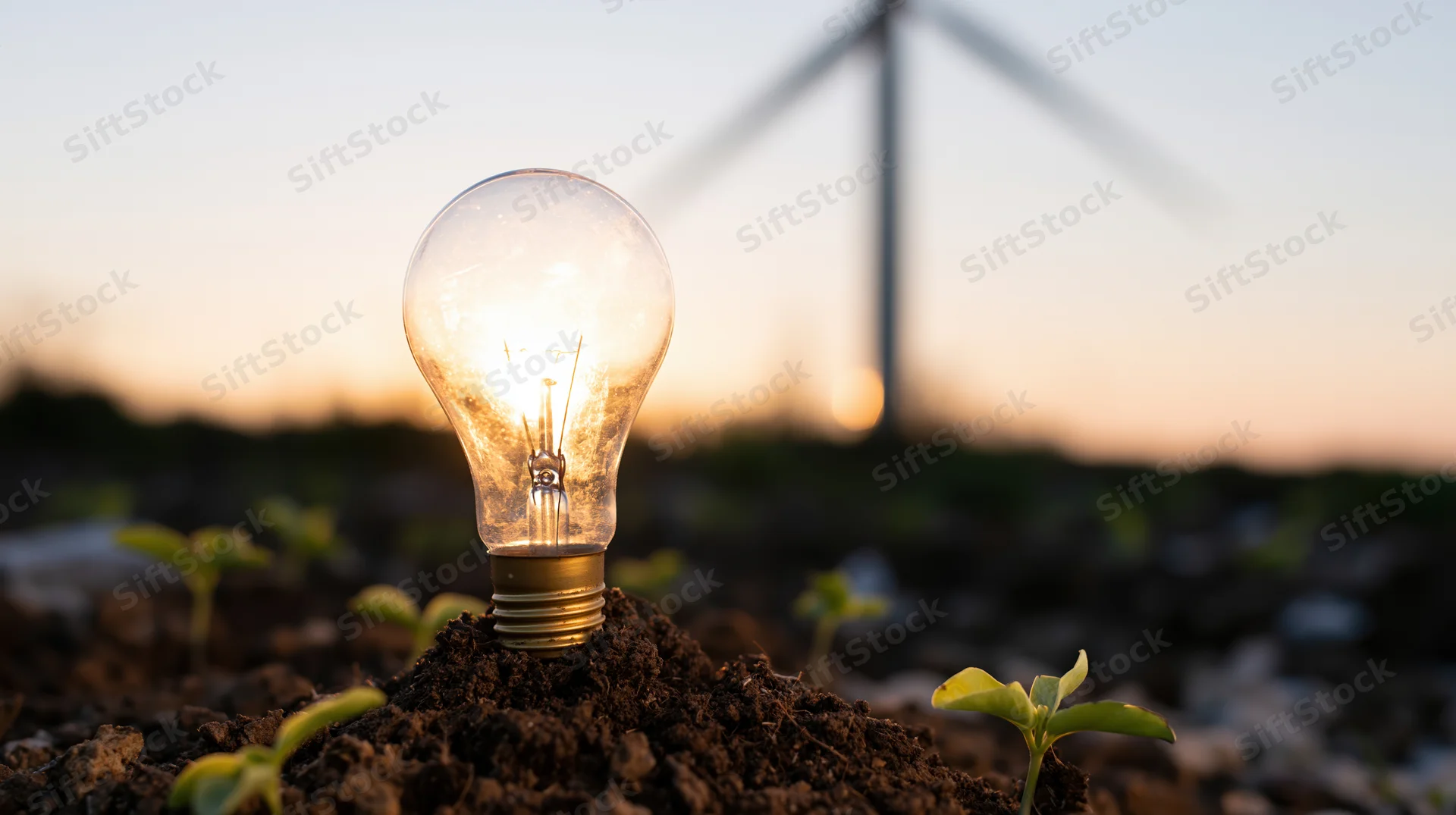 Glowing incandescent lightbulb planted in soil with seedlings and wind turbine in background at sunset