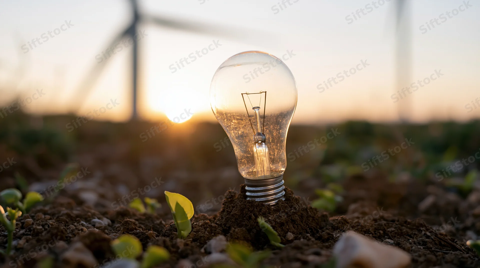 Glowing incandescent lightbulb planted in soil with seedlings and wind turbines at sunset