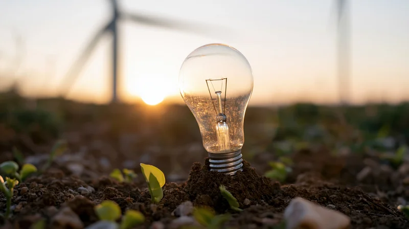 Glowing incandescent lightbulb planted in soil with seedlings and wind turbines at sunset
