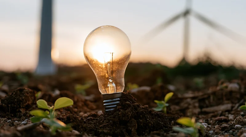 Glowing incandescent lightbulb planted in soil with seedlings and wind turbines at sunset