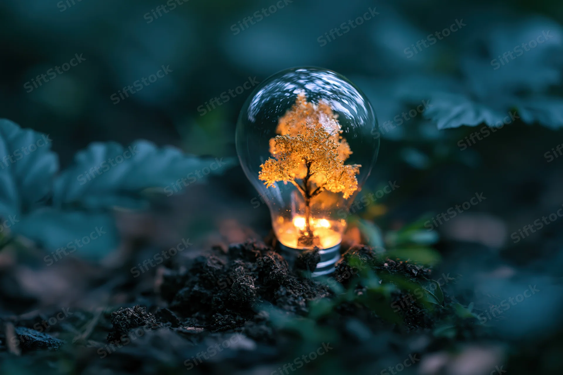 Glowing lightbulb containing a miniature tree planted in dark forest soil