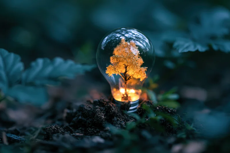 Glowing lightbulb containing a miniature tree planted in dark forest soil