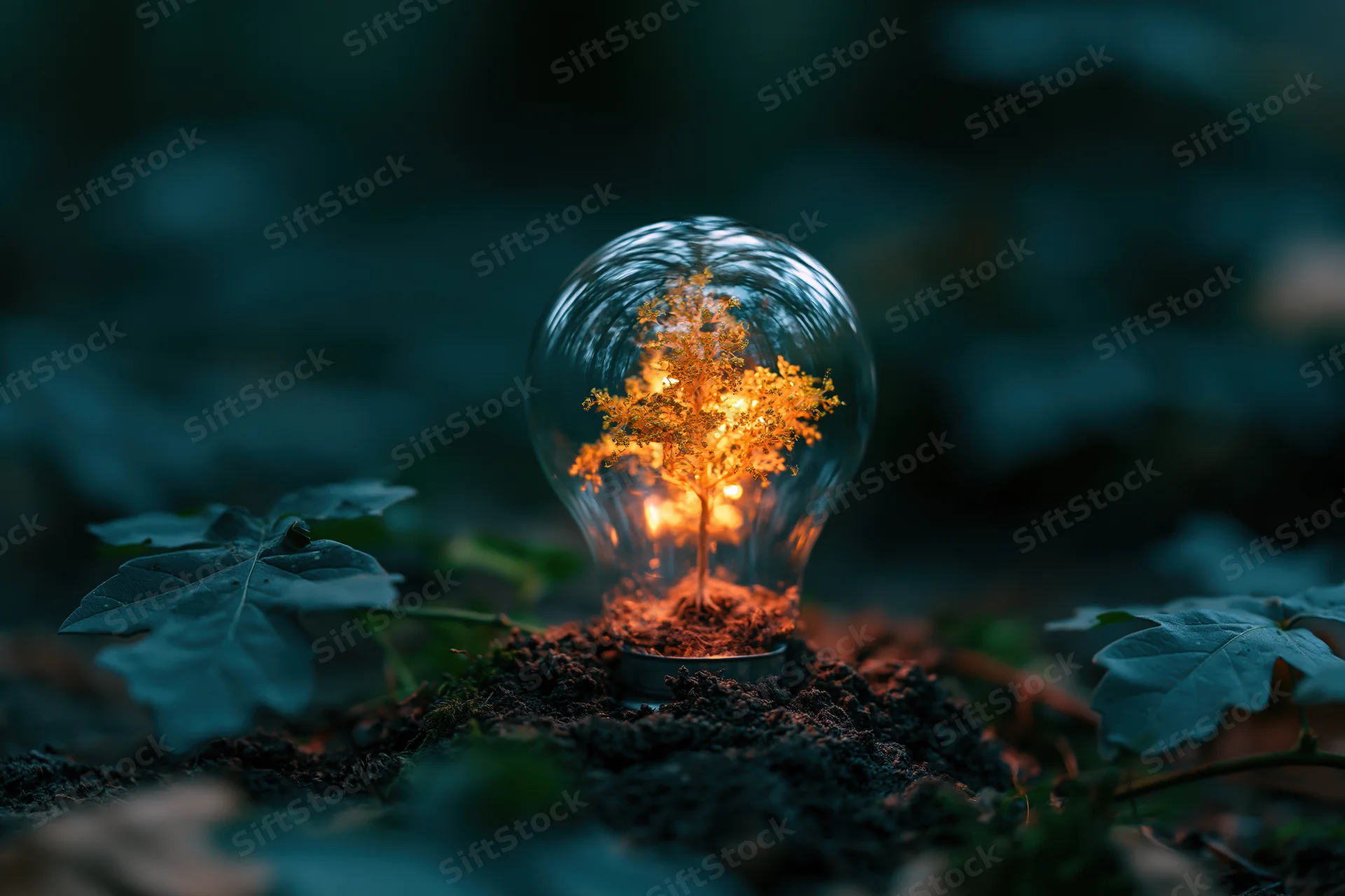 Glowing lightbulb containing a small tree planted in soil within a forest setting