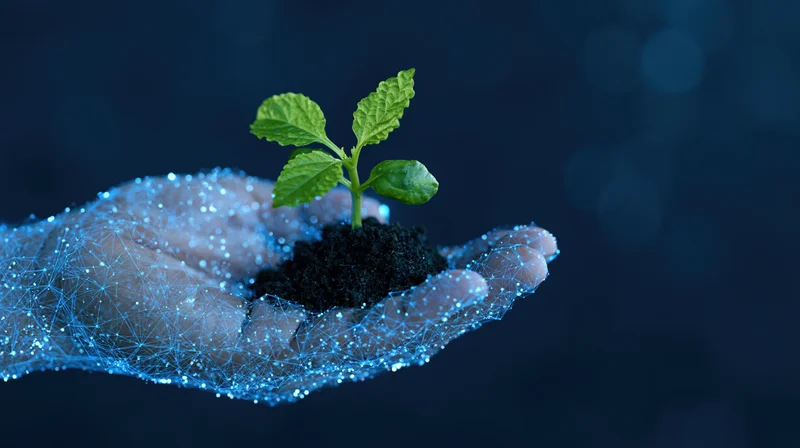 Digital wireframe hand holding a small green plant in soil against a dark blue background