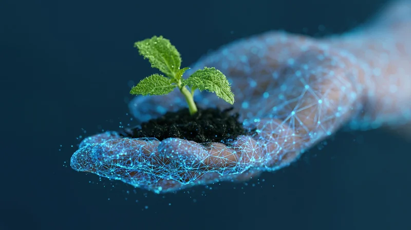 Digital wireframe hand holding a small green plant in soil against a dark blue background
