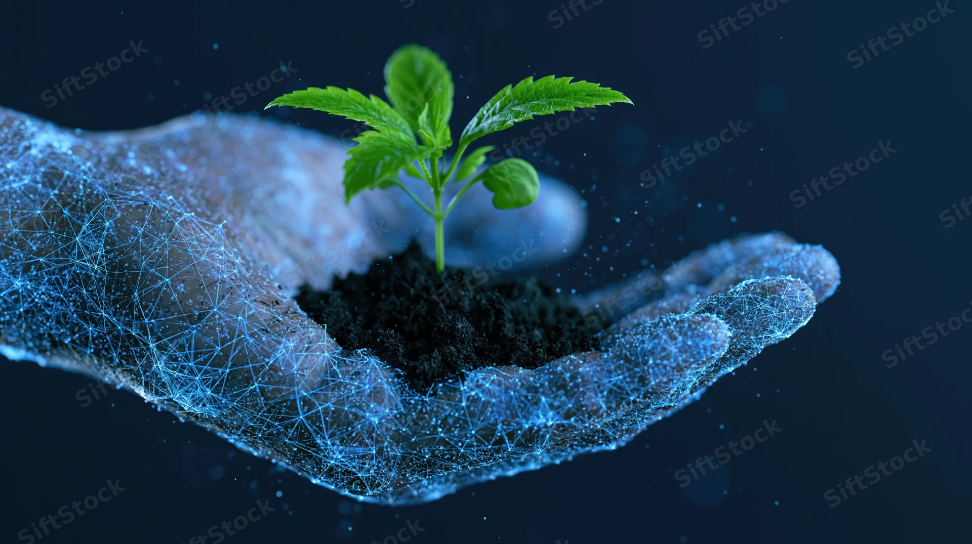 Digital wireframe hand holding a small green plant sprouting from soil against a dark background