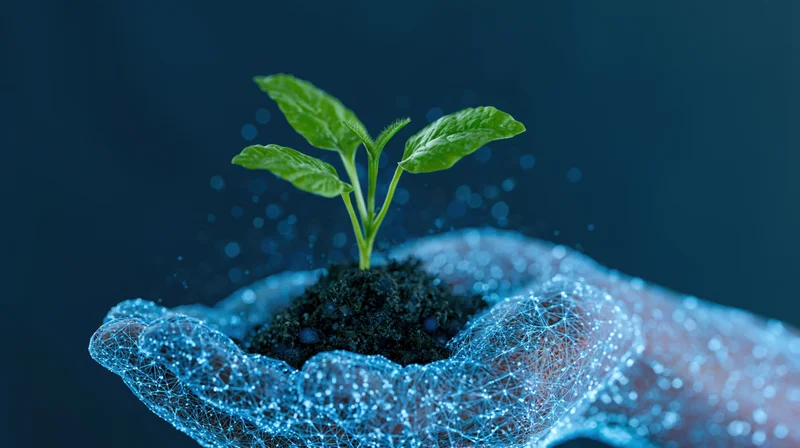 Digital wireframe hand holding a small green seedling in soil against a dark blue background