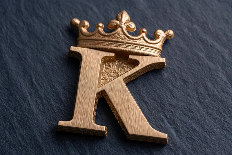 Gold metallic letter k with crown on dark textured surface