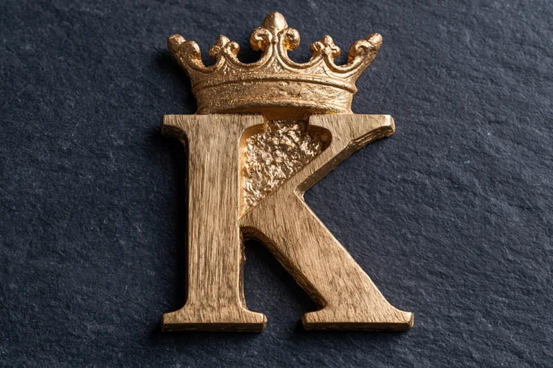 Gold metallic letter k with crown on dark slate surface