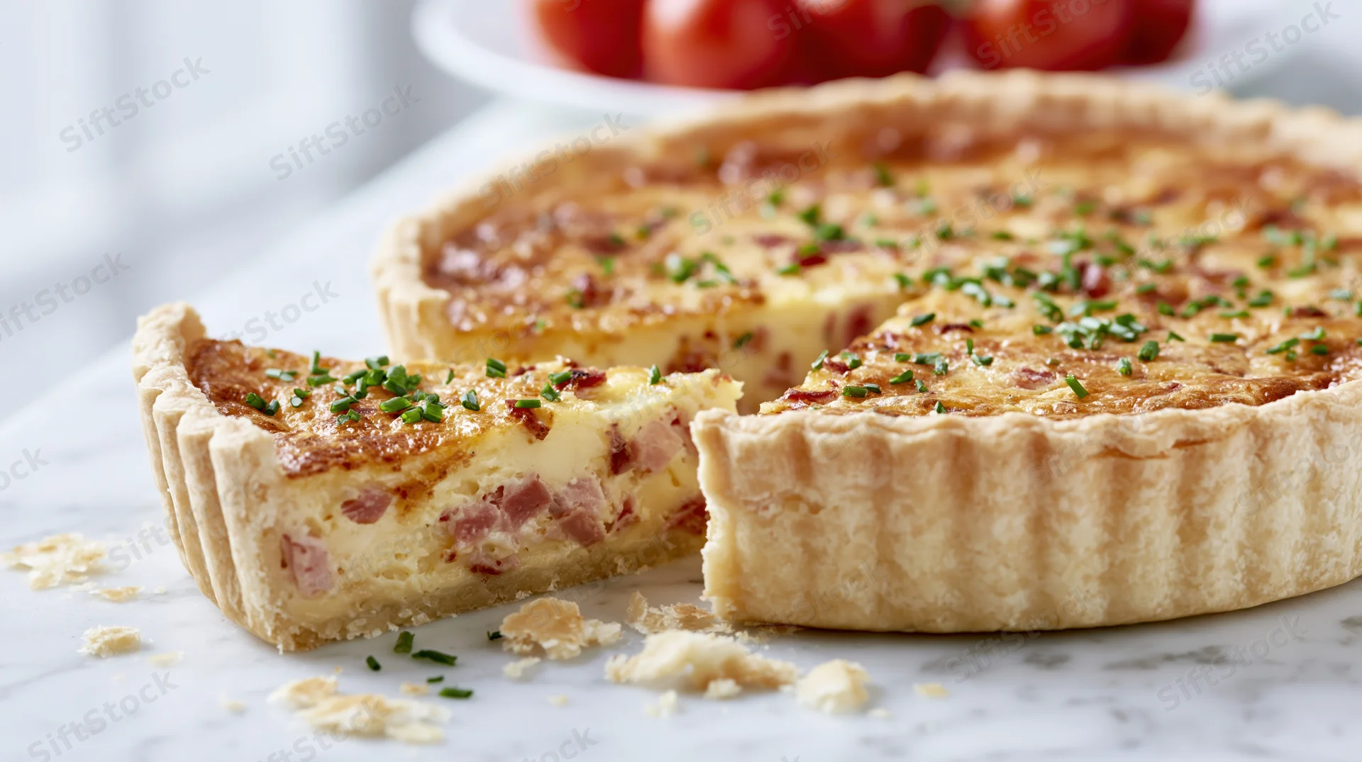 Golden-brown quiche lorraine with one slice removed on marble countertop