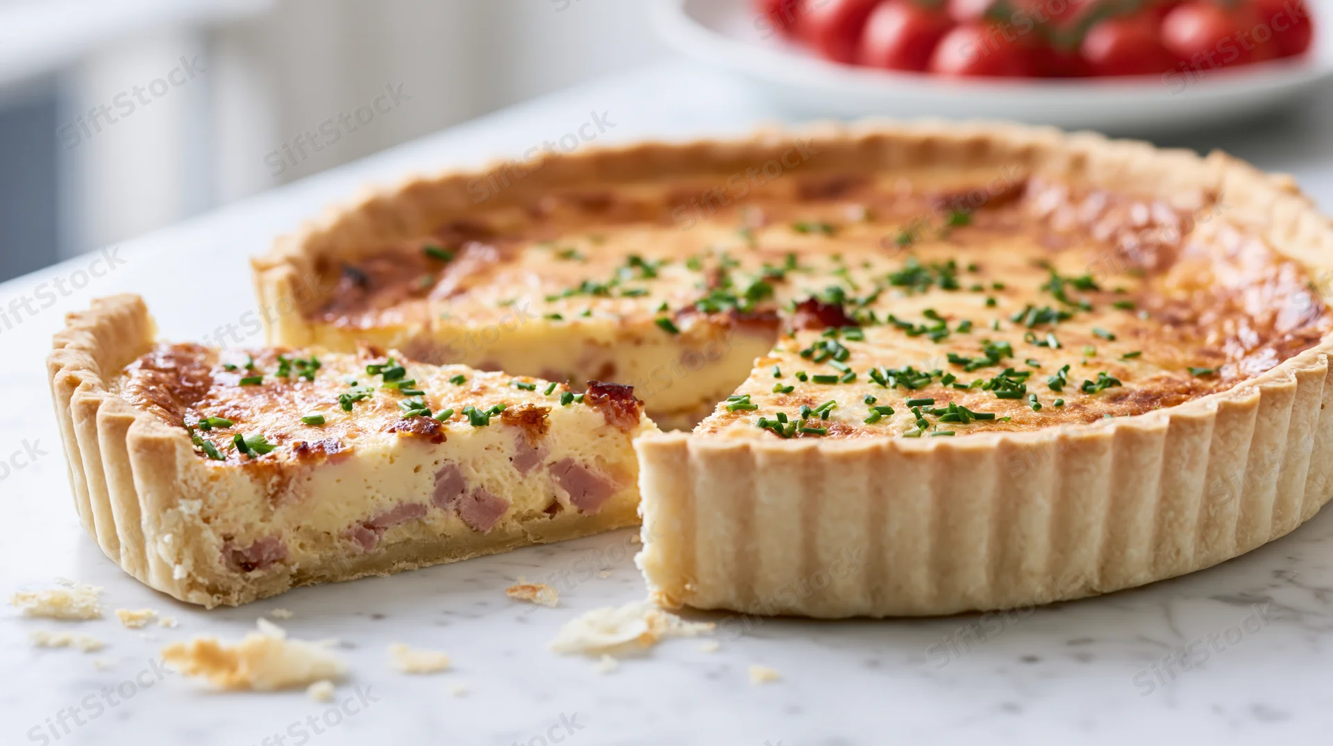 Golden-brown quiche lorraine with one slice removed on marble countertop