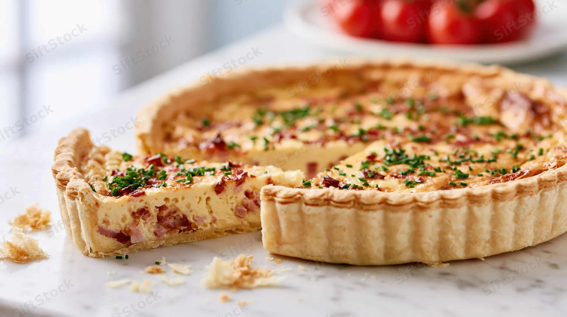 Golden-brown quiche lorraine with one slice removed on a marble surface