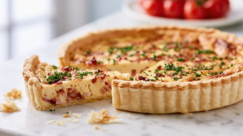 Golden-brown quiche lorraine with one slice removed on a marble surface