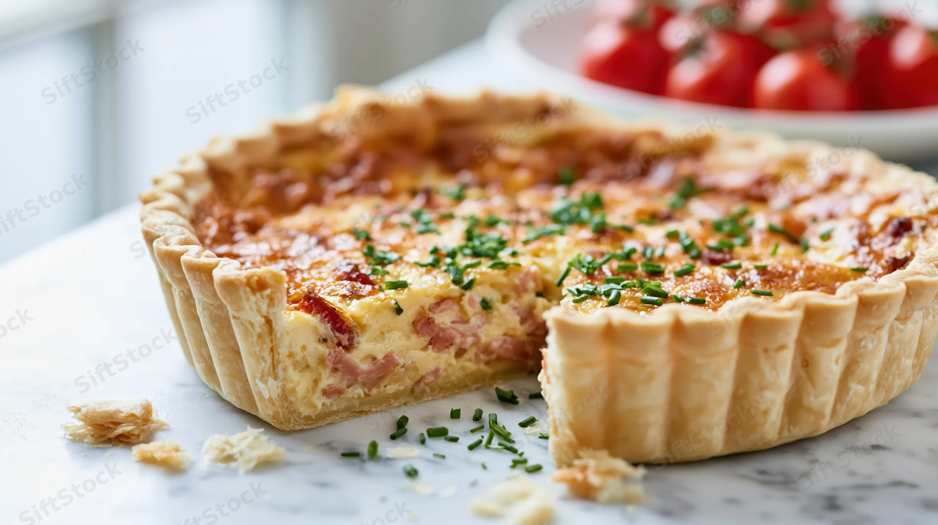 Golden-brown quiche lorraine with one slice removed on marble countertop