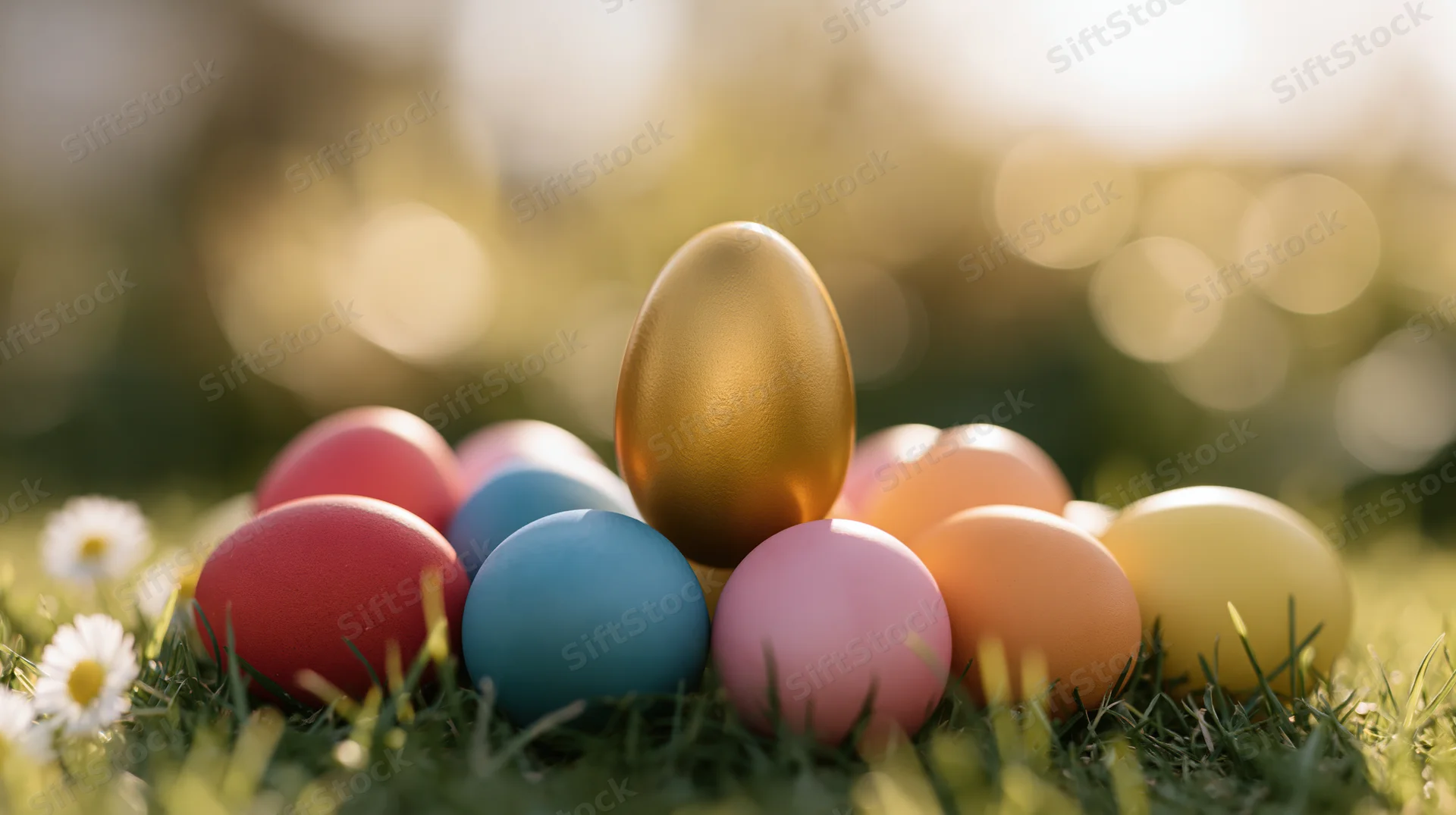 Golden egg standing upright among colorful eggs on grass with daisies in sunlight