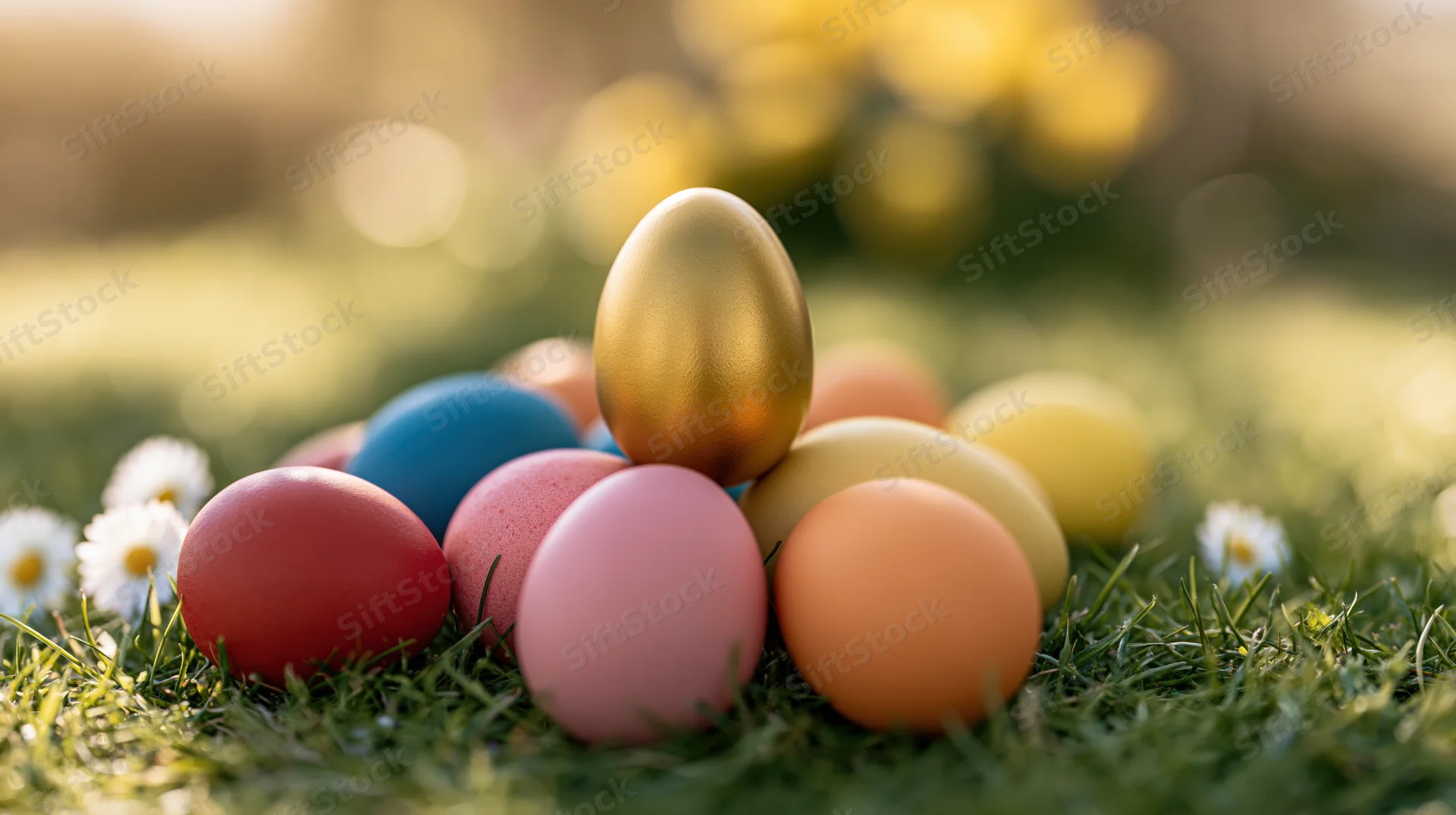 Golden egg standing upright among colorful painted eggs on grass with daisies