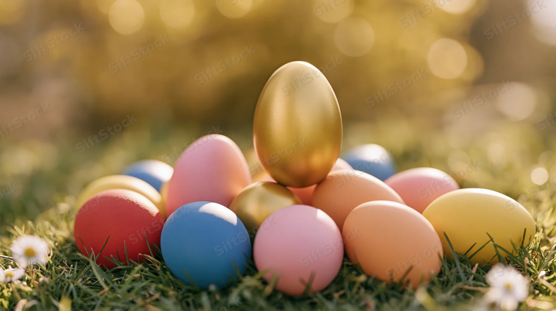 Golden egg standing upright among colorful painted eggs on grass with daisies and bokeh light background