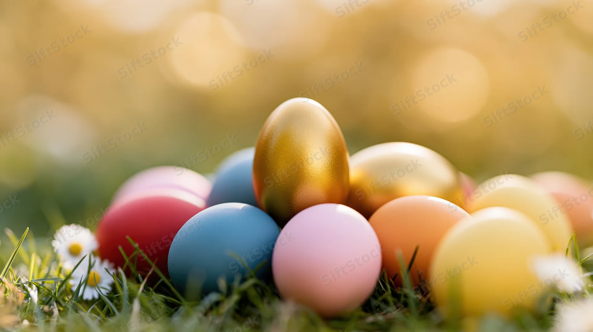 Golden egg standing upright among colorful painted eggs in grass with daisies and bokeh sunlight