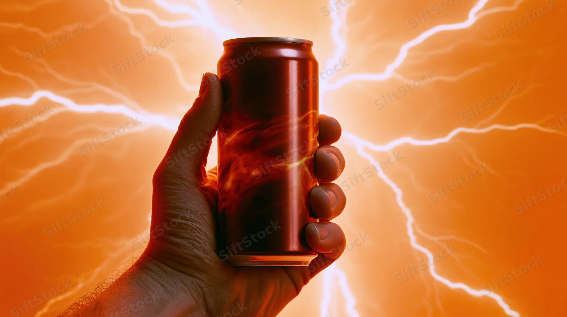 Hand holding an energy drink can against a lightning-filled orange sky
